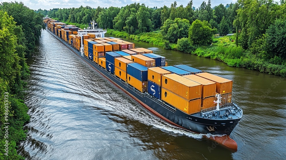 Naklejka premium A cargo ship laden with shipping containers sails down a river channel, surrounded by lush green trees