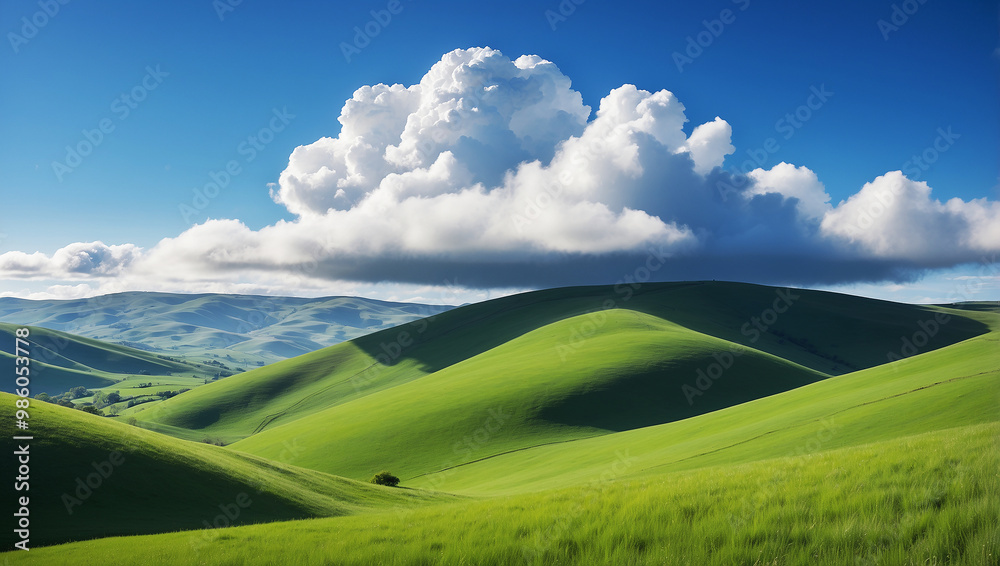 A single fluffy cloud drifts in a clear blue sky, casting a gentle shadow over the rolling green hills below.