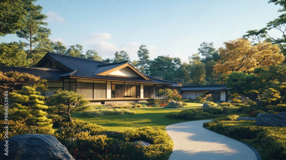 Traditional Japanese home with a stone path and lush greenery in the garden. Traditional Japanese home with a stone path and lush greenery in the garden.