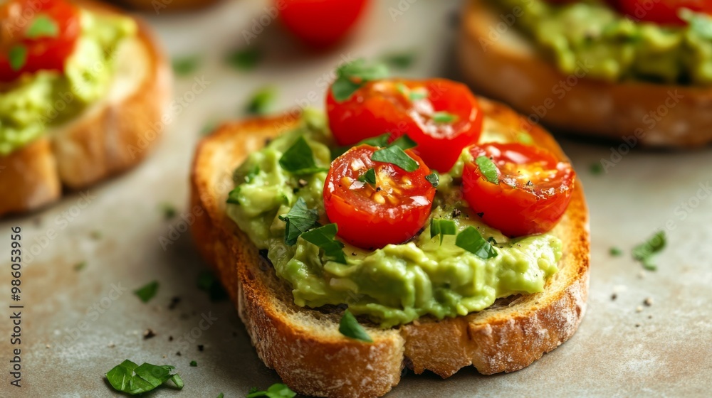 A close-up of crispy toasted bread with a layer of creamy avocado spread, garnished with cherry tomatoes and a sprinkle of herbs, set on a breakfast table. A close-up of crispy toasted bread with a layer of creamy avocado spread, garnished with cherry tomatoes and a sprinkle of herbs, set on a breakfast table.