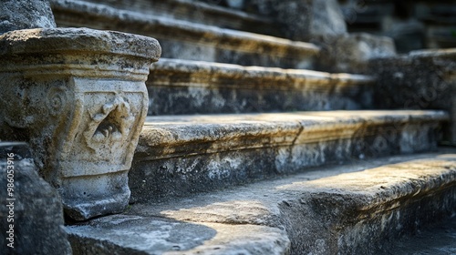 A close-up of the stone steps leading to the seating in an ancient amphitheatre, with the weathered surface and intricate carvings visible. The steps are worn smooth by centuries of use, adding a