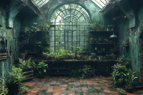 postapocalyptic greenhouse sanctuary lush plant life thriving amidst rusted machinery and crumbling concrete with survivors tending to exotic flora and using improvised gardening tools photo