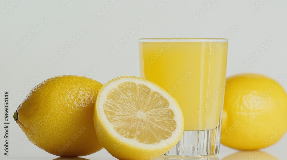 A close-up of fresh, juicy lemons sliced in half, with a small glass of refreshing lemon juice next to them, set against a clean, white background. A close-up of fresh, juicy lemons sliced in half, with a small glass of refreshing lemon juice next to them, set against a clean, white background.