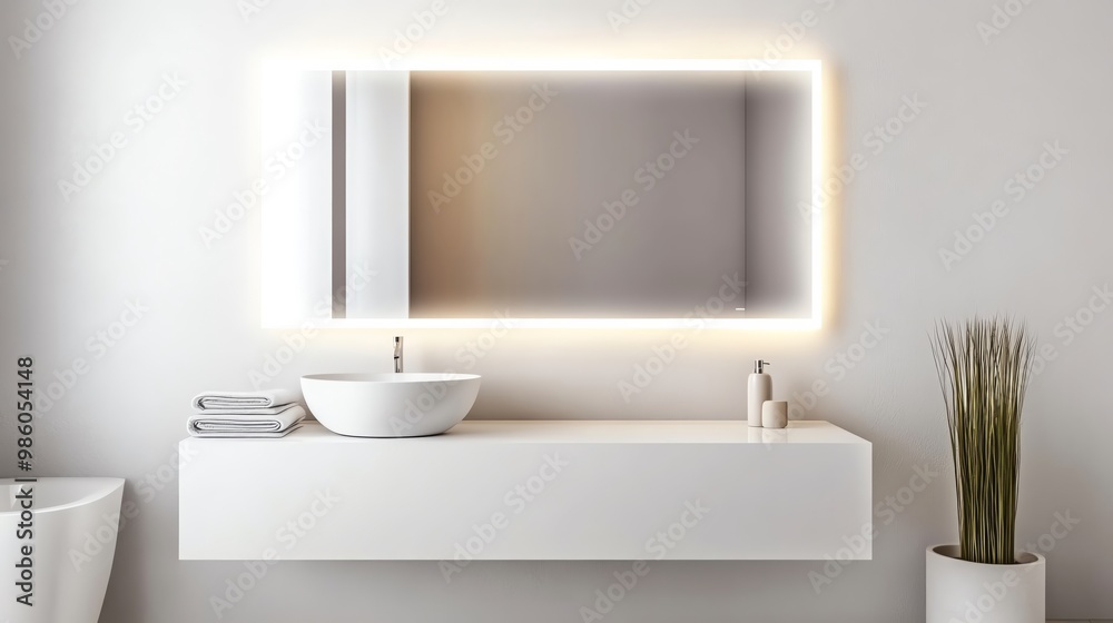 Frameless mirror with integrated lighting in a minimalist white bathroom, minimalist bathroom aesthetic, sleek modern design Frameless mirror with integrated lighting in a minimalist white bathroom, minimalist bathroom aesthetic, sleek modern design