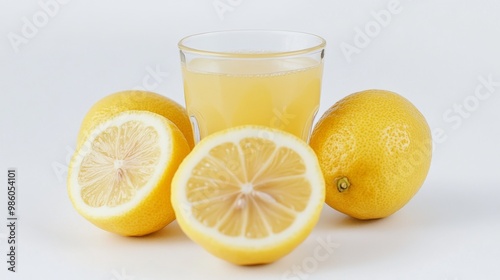 A close-up of fresh, juicy lemons sliced in half, with a small glass of refreshing lemon juice next to them, set against a clean, white background.