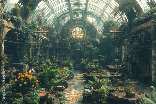 postapocalyptic greenhouse sanctuary lush plant life thriving amidst rusted machinery and crumbling concrete with survivors tending to exotic flora and using improvised gardening tools photo