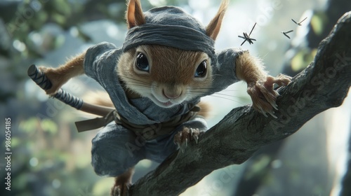 A squirrel in a ninja costume, perched on a branch ready to leap with tiny throwing stars nearby.