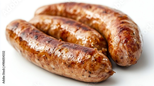 A close-up of pork sausages on a white background, showcasing their texture and seasoning, ideal for highlighting meat products.