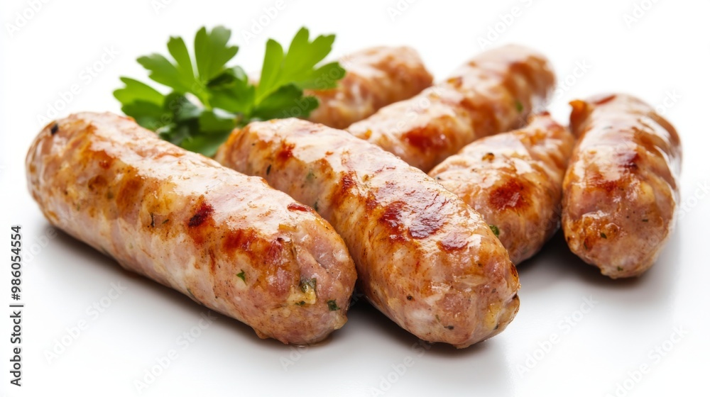 A close-up of pork sausages on a white background, showcasing their texture and seasoning, ideal for highlighting meat products. A close-up of pork sausages on a white background, showcasing their texture and seasoning, ideal for highlighting meat products.