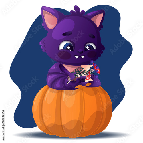 A cute, happily smiling purple bat sitting on a pumpkin. Charming funny baby animal with cartoon vector illustration