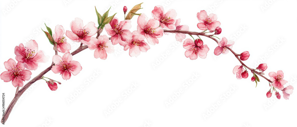 Naklejka premium A delicate branch of cherry blossoms showcasing soft pink petals and vibrant green leaves, perfect for nature-themed designs.