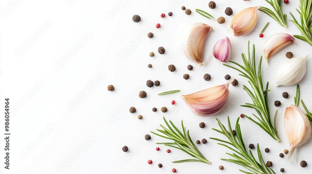 A top-down view of garlic, rosemary, and peppercorns scattered on a white background. Simple and clean with rustic culinary elements.