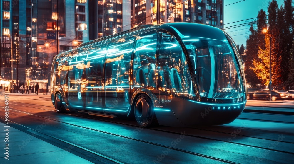 A futuristic, illuminated tram travels through a vibrant urban landscape at night, showcasing modern architecture and a high-tech ambiance. A futuristic, illuminated tram travels through a vibrant urban landscape at night, showcasing modern architecture and a high-tech ambiance.
