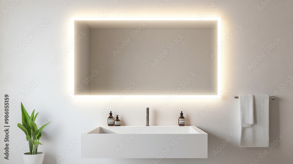 Frameless mirror with soft lighting in a clean white bathroom, minimalist bathroom aesthetic, sleek modern design