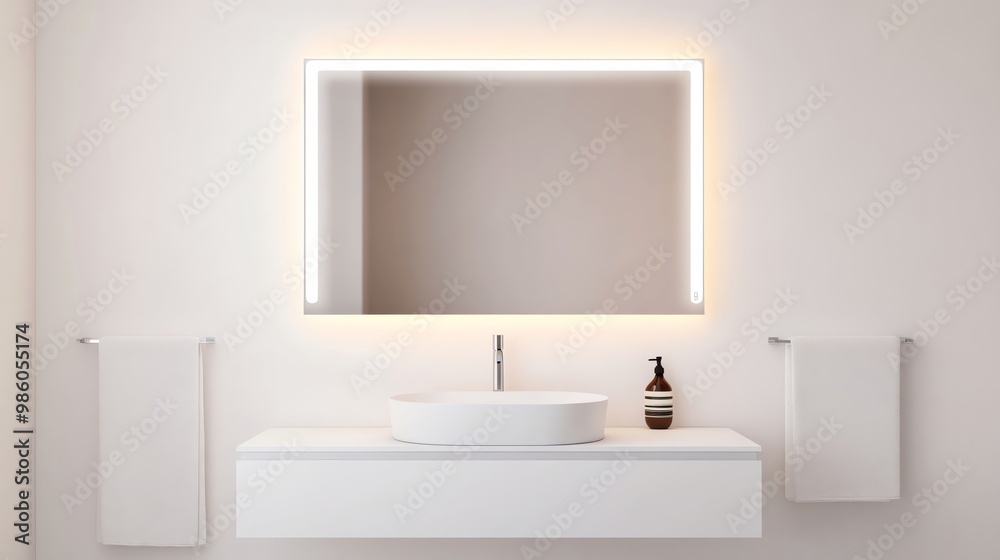 Frameless mirror with soft lighting in a clean white bathroom, minimalist bathroom aesthetic, sleek modern design Frameless mirror with soft lighting in a clean white bathroom, minimalist bathroom aesthetic, sleek modern design