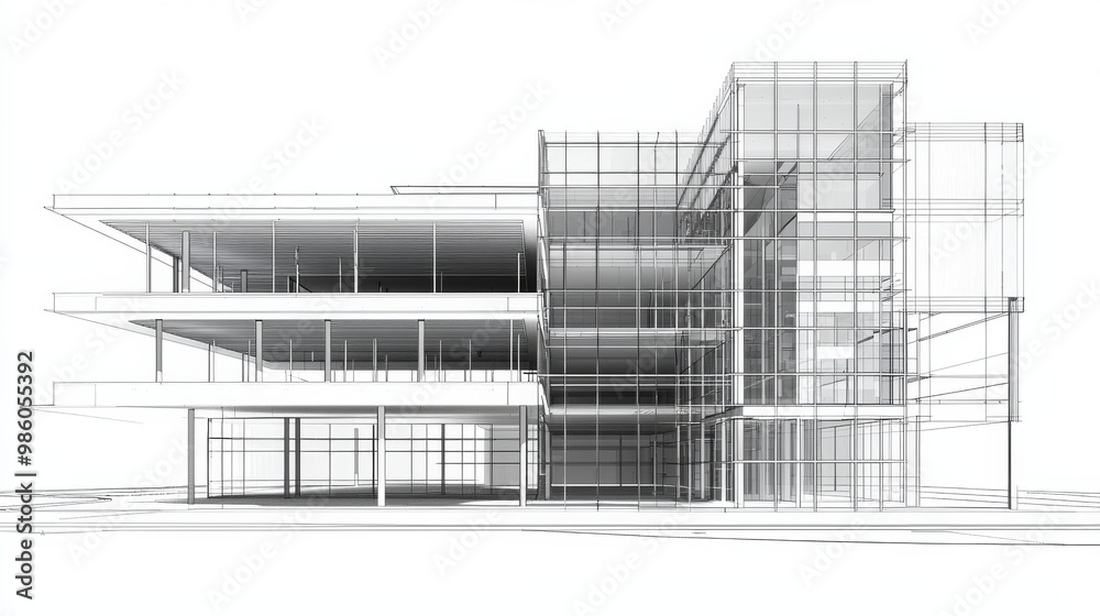 Modern architectural sketch of a spacious multi-level building with large windows and an open layout on a transparent background