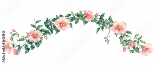 Delicate watercolor floral arch featuring soft pink roses and lush green leaves, perfect for invitations and decorative designs.