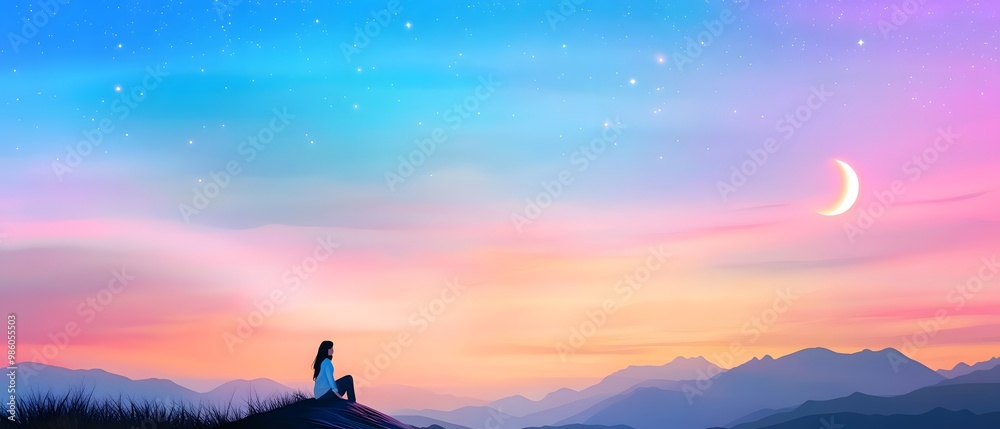 A tranquil scene with a person gazing at a colorful sunset sky and crescent moon, perfect for relaxation and inspiration. A tranquil scene with a person gazing at a colorful sunset sky and crescent moon, perfect for relaxation and inspiration.
