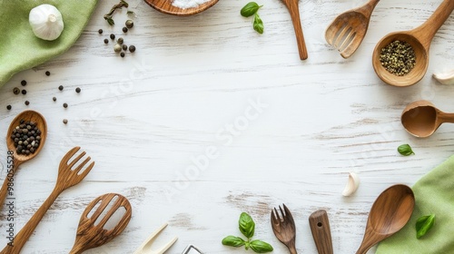 A white wooden table covered with a green tablecloth and scattered with cooking utensils. Empty space at the center for text or product placement.