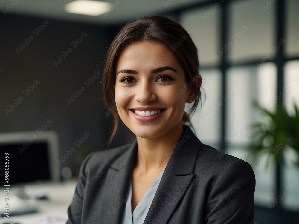 Successful Hispanic businesswoman smiling confidently in a modern office. Successful Hispanic businesswoman smiling confidently in a modern office.
