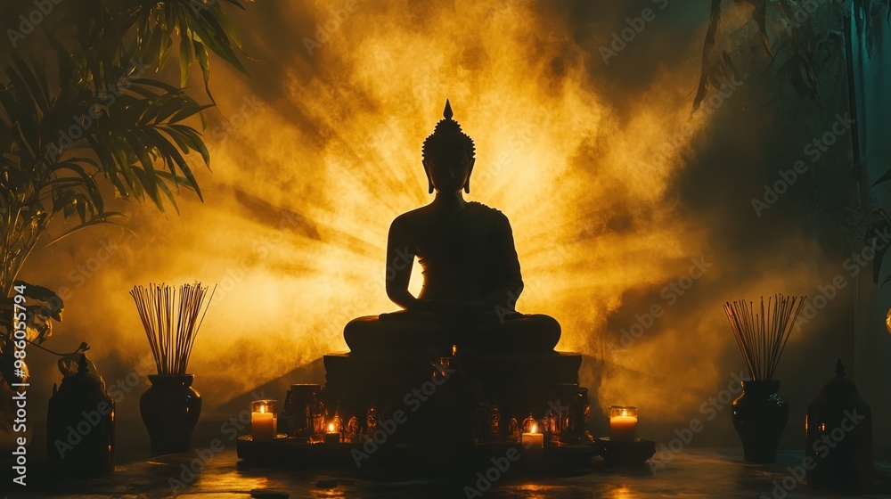 Silhouette of a buddha statue in a smoky, golden light with candles and incense. Silhouette of a buddha statue in a smoky, golden light with candles and incense.