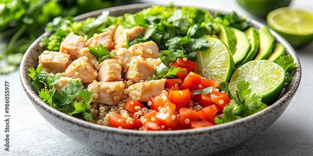 A colorful and vibrant bowl of quinoa, chicken, avocado, tomatoes, and lime, a healthy and delicious meal A colorful and vibrant bowl of quinoa, chicken, avocado, tomatoes, and lime, a healthy and delicious meal