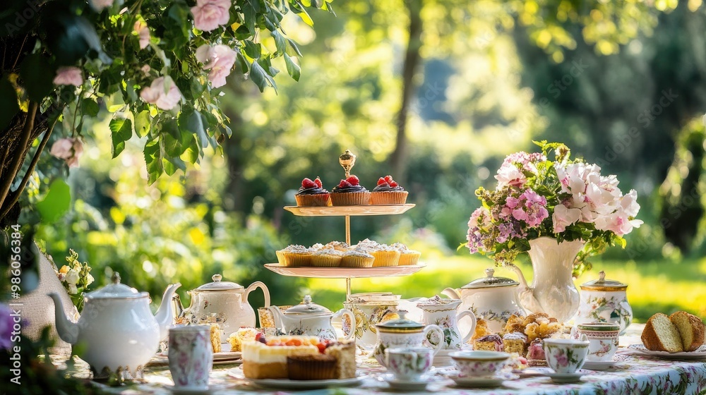 Afternoon tea in a garden, with cakes, teacups, and a lovely green backdrop, creating a perfect outdoor setting Afternoon tea in a garden, with cakes, teacups, and a lovely green backdrop, creating a perfect outdoor setting