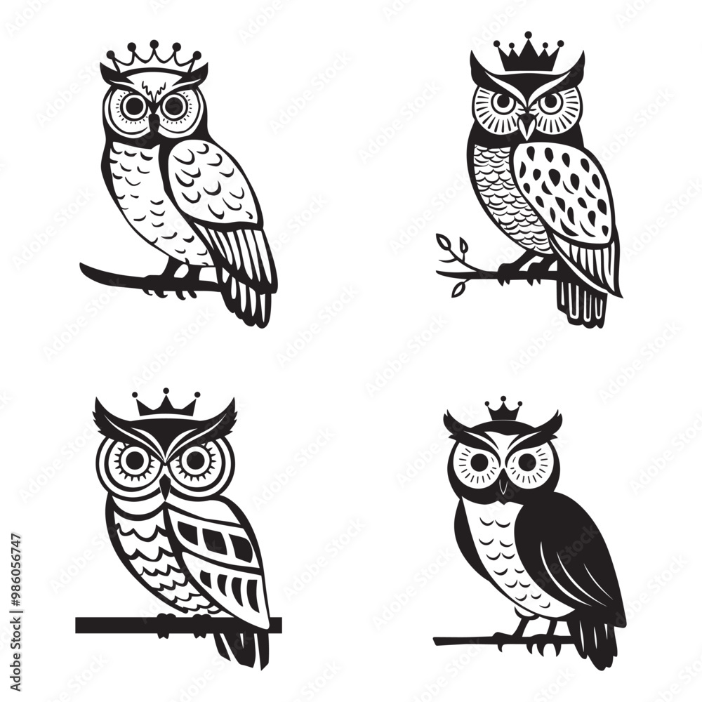 Obraz premium King owl silhouette set black color vector illustration