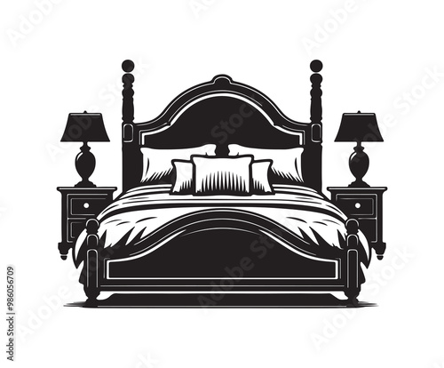 bed in bedroom silhouette vector