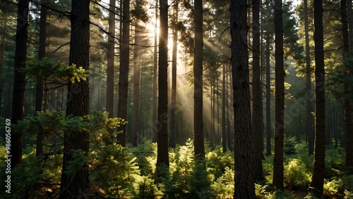 Sunlight filtering through dense pine trees in a tranquil forest.