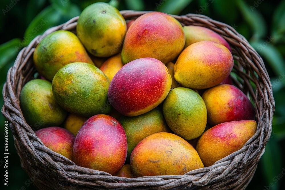 A basket of fresh mangoes, their rich colors and shapes creating a tropical display
