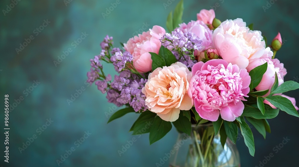 Fototapeta premium Beautiful bouquet of pink peonies and lilac eustoma roses in a glass vase, accompanied by vibrant green leaves. Perfect summer floral background