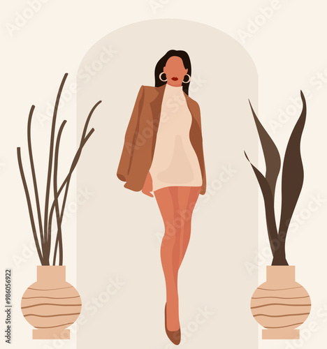 Illustration of a fashionista girl with tropical leaves on light pink background.