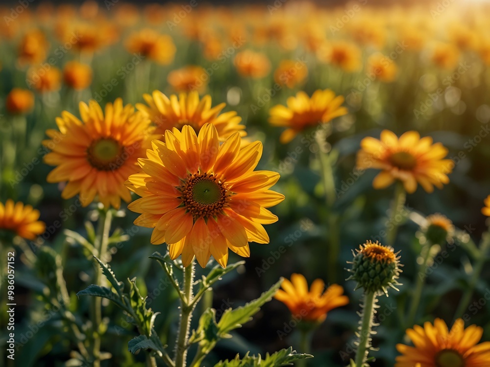 Sunlit yellow and orange flowers in a vibrant field. Sunlit yellow and orange flowers in a vibrant field.