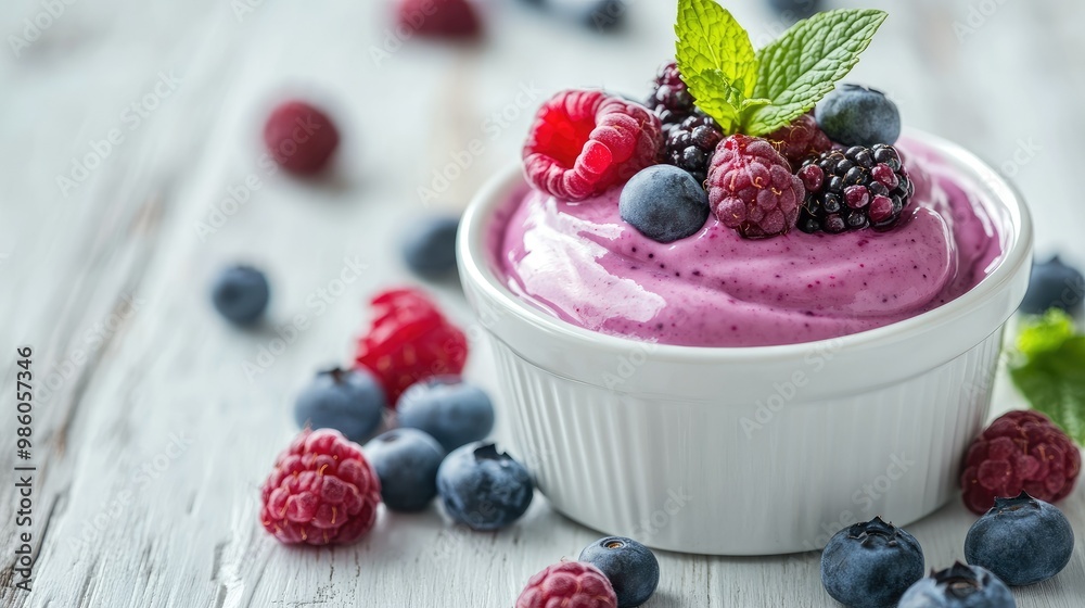 Blueberry yogurt in a white dish on a white wooden table, garnished with fresh berries and mint leaves for a healthy snack Blueberry yogurt in a white dish on a white wooden table, garnished with fresh berries and mint leaves for a healthy snack