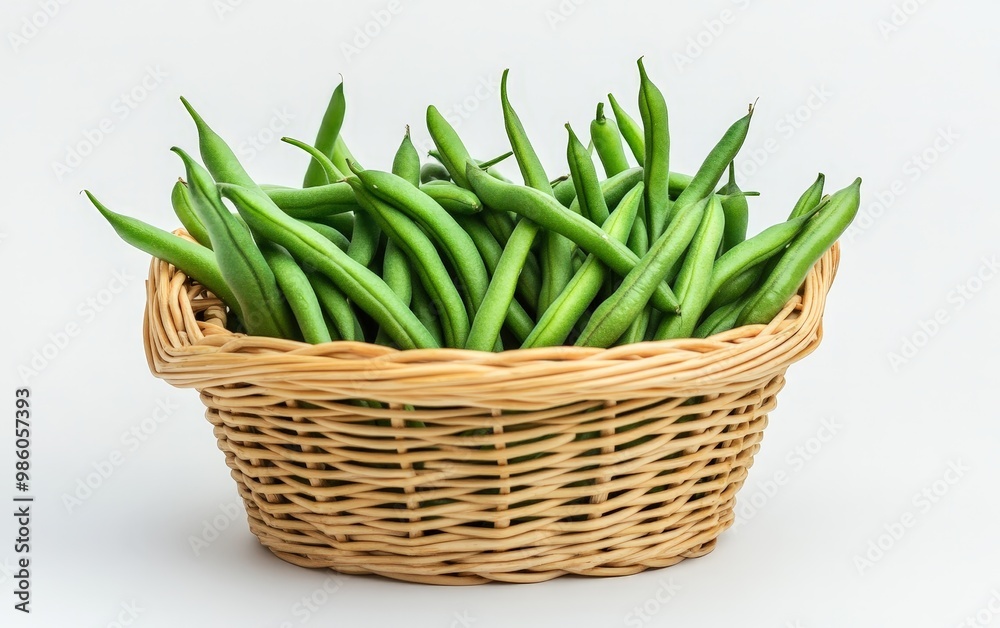 A basket of green beans, their crisp texture highlighted by the clean white background A basket of green beans, their crisp texture highlighted by the clean white background