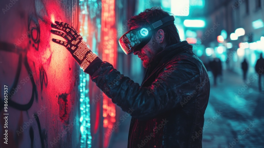 A person in a futuristic setting interacts with a wall, illuminated by vibrant neon lights. A person in a futuristic setting interacts with a wall, illuminated by vibrant neon lights.