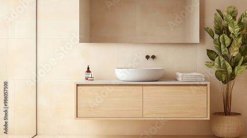 Softly lit beige bathroom with wood accents and floating shelves, minimalist bathroom aesthetic, modern cozy design