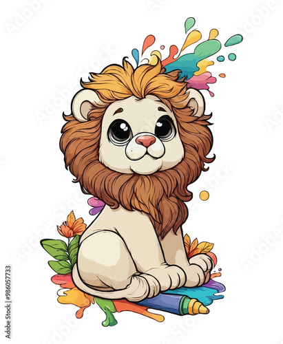 Cute lion cartoon outline coloring page for kids photo