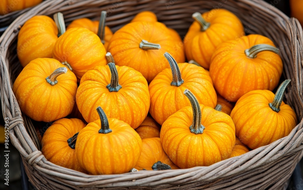 A basket of small pumpkins arranged together, ready for decoration or cooking