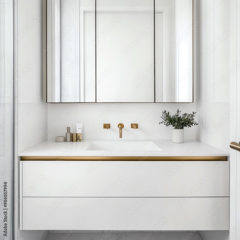 Fototapeta premium White minimalist bathroom with floating vanity and brass fixtures, minimalist bathroom aesthetic, sleek modern luxury
