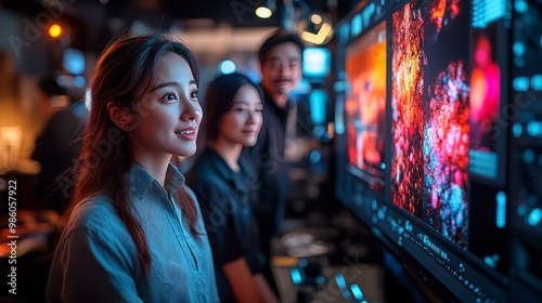 Young woman looking at a computer monitor displaying a digital image.