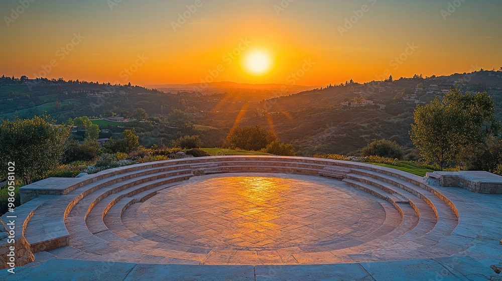 Fototapeta premium A tranquil sunset scene at an amphitheatre overlooking a valley, with the seating made of smooth stone and the stage set against a backdrop of rolling hills. The setting sun casts a golden light over