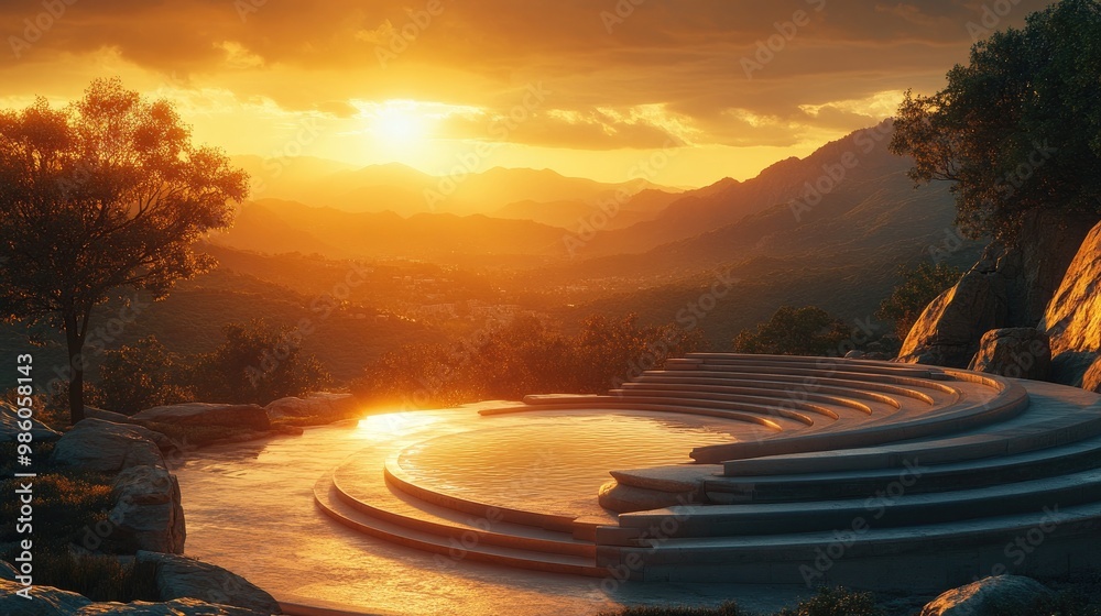Fototapeta premium A tranquil sunset scene at an amphitheatre overlooking a valley, with the seating made of smooth stone and the stage set against a backdrop of rolling hills. The setting sun casts a golden light over
