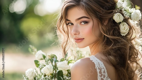 Bride with long, wavy hair styled in loose curls, accented with small white roses, gazing into the distance. Soft, romantic atmosphere.