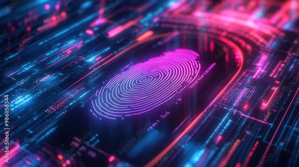 A digital fingerprint surrounded by vibrant data streams, symbolizing security and technology. A digital fingerprint surrounded by vibrant data streams, symbolizing security and technology.