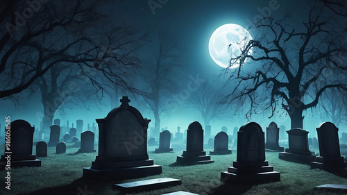 A spooky, foggy night in a haunted graveyard, with a full moon casting eerie shadows on the tombstones