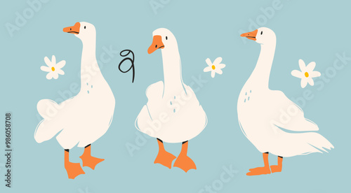 White geese or ducks and camomile flowers. Abstract, quirky, cartoon modern style. Hand drawn modern Vector illustration. Isolated design elements