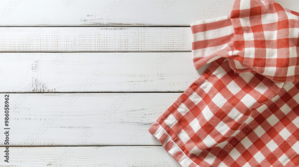 Obraz premium Bright, patterned kitchen towel laid across a white wooden table. Clean and minimalist, with plenty of space for product placement or text.