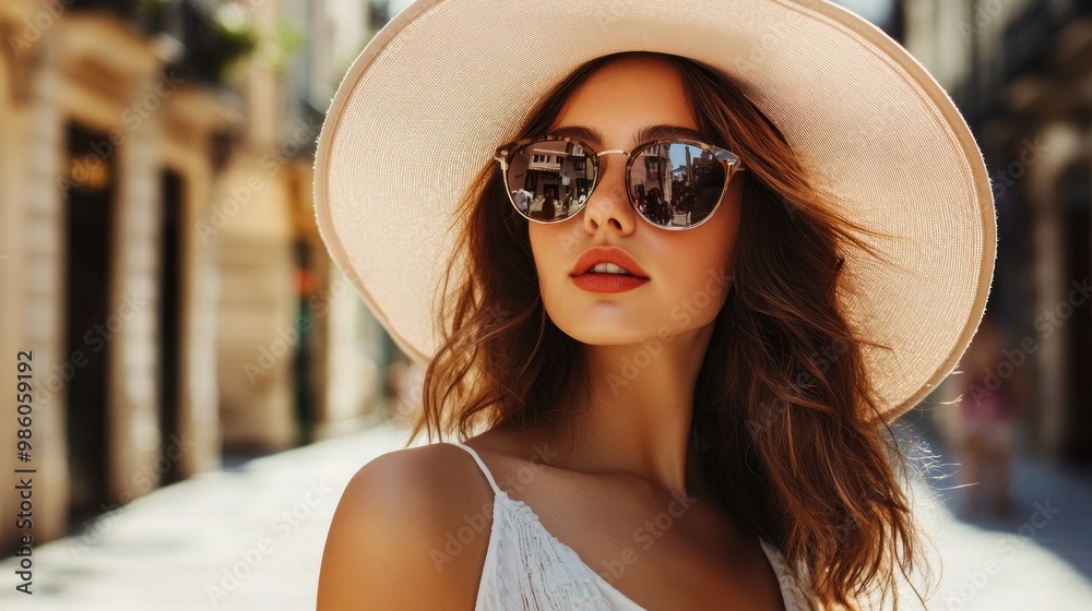 Stylish woman wearing a white hat, sunglasses, and white dress with a sunny and blurred background. Stylish woman wearing a white hat, sunglasses, and white dress with a sunny and blurred background.